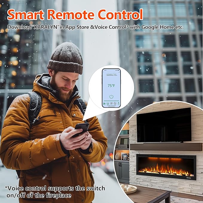 42 inch Smart Electric Fireplace with App Control, Wall Mount & in Wall recessed Fireplace Inserts, Multicolor Flame w/Realistic Log &Crystals, Overheating Protection and Timer, 750W/1500W, Black