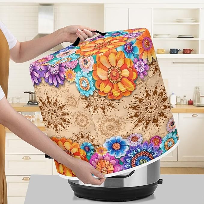 TODIYADDU Vintage Hippie Flower Electric Pressure Cooker Cover Round Protective Cover Bag with Pocket and Handle for Instant Pot or Rice Cooker Kitchen Small Appliance Dust Covers Holiday Presents, M