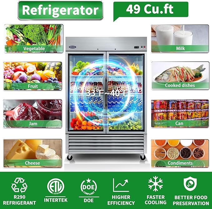 54" W Commercial Glass-Door Reach-In Refrigerator - Tempered Glass Double Door Fridge, 46 Cu.ft Capacity, 6 Adjustable Shelves, Auto Defrost, Digital thermostat control, LED Lighting
