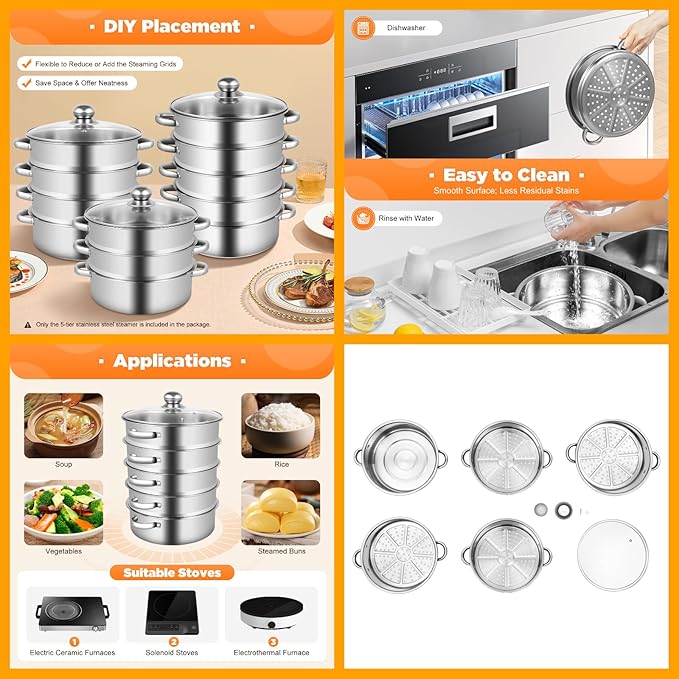 Steamer 26cm/10.24in, 5-tier Stainless Steel Steam Cooker w/Clear Glass Lid & Handles, Home Round Stackable Multipurpose Steam Pot for All Stoves, 12.59 * 15.74in (1xBottom Pot, 4xSteaming Baskets)