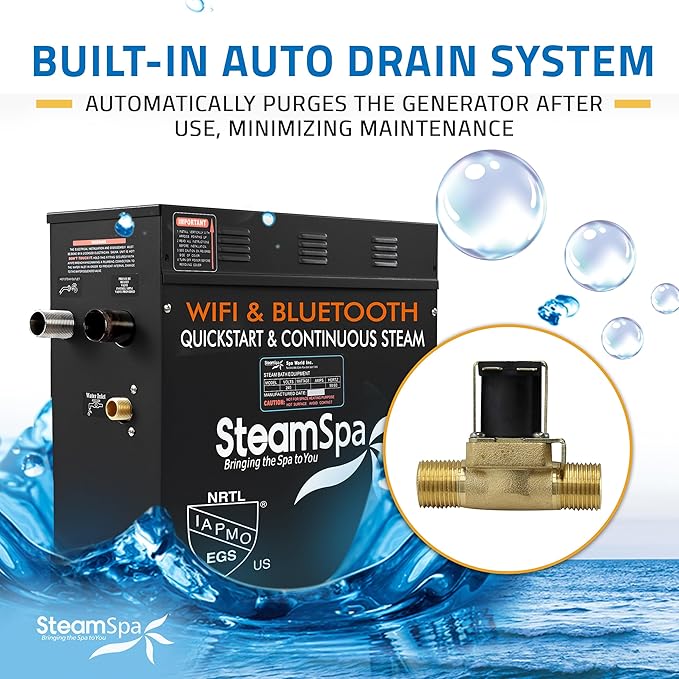 SteamSpa Steam System 6kW Steam Shower Generator with Bluetooth Wifi, Quickstart Continous Steam, Advanced Touch Pad Screen, Chroma Lights, Drain Pan and Auto Drain Chrome RVBS600CH-A