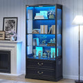 67" Tall Display Cabinet with Glass Doors and 2 Drawers, Adjustable Glass Height Bookcase, Curio Cabinet with 3 LED Lights and Human Body Sensor (Black)