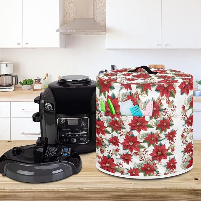 Dust Cover for Kitchen Instant Pot, for 6 Quart Pressure Cooker Air Fryer Rice Cooker Kitchen Appliance Dust Protection with Storage Pocket Christmas Decoration, Red Poinsettia Flower
