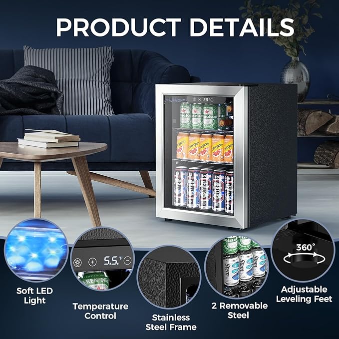 Mini Fridge 68 Can Beverage Refrigerator Cooler, 1.7 Cu.Ft Drink Fridge forSoda Wine Beer, Digital Temperature Control Cooler for Home, Dorm, Bar