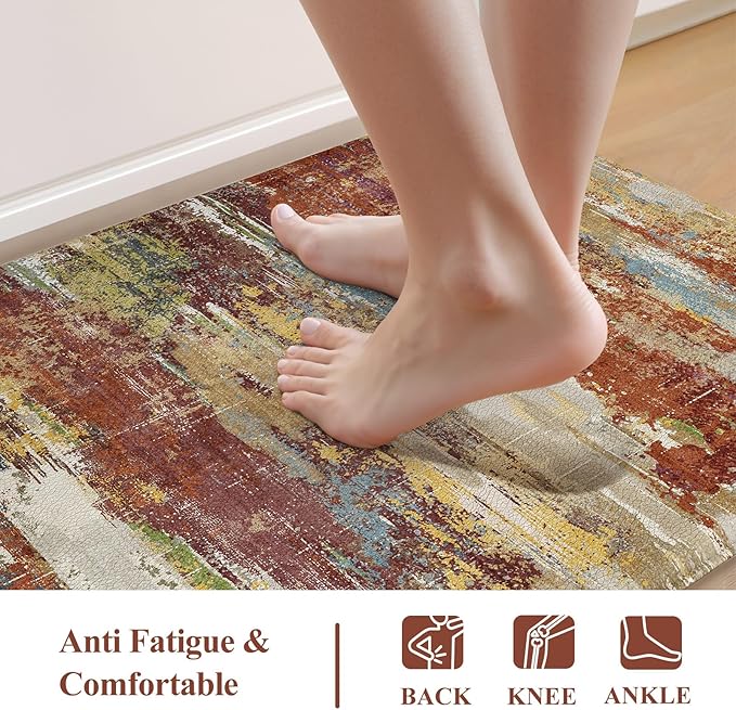 Collive Anti Fatigue Mats for Kitchen Floor, Abstract Cushioned Non Slip Kitchens Rugs Sets of 2 Waterproof, Red Comfort Foam Standing Mat for Sink, Laundry, Home Office, 17"x47"+17"x29"