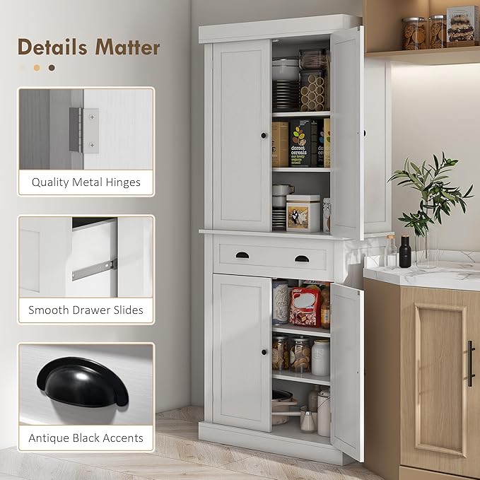 HOMCOM 72.5" Kitchen Pantry Cabinet, Traditional Freestanding Storage Cabinet with 4 Doors, Drawer and 3 Adjustable Shelves for Dining Room, White Wood Grain