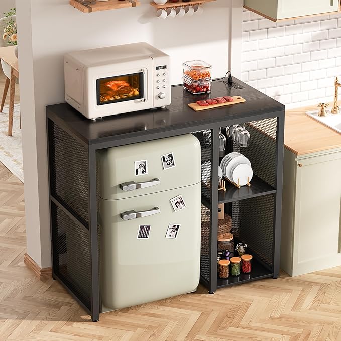 Homieasy Mini Fridge Cabinet Stand with Power Outlet, Coffee Bar Cabinet with Mini Fridge Space, Bar Stand with Microwave Shelf with Wine Rack for Kitchen, Dorm, Black