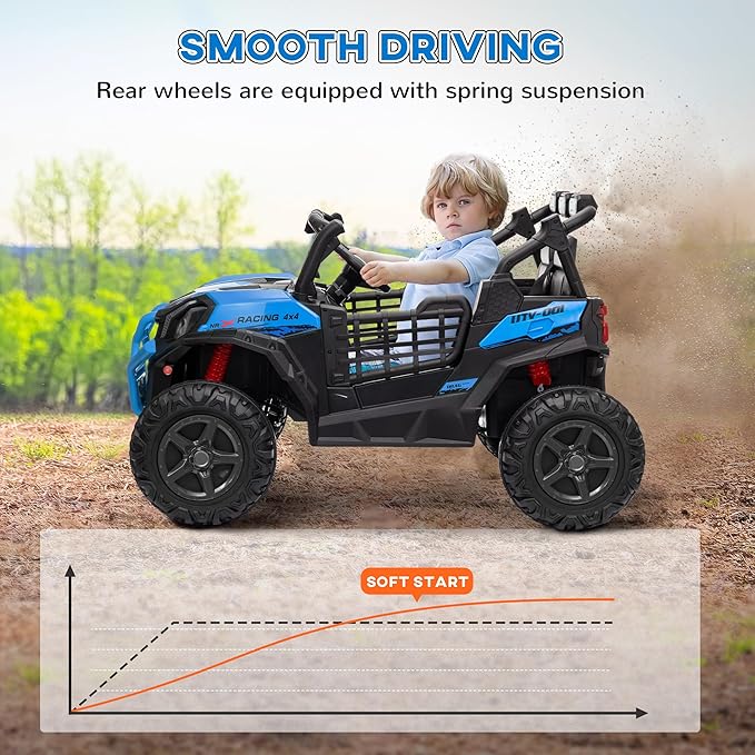 Qaba 24V 2 Seater Ride on Car, Electric Off-Road UTV Truck w/Parent Remote Control, Music, Lights, Ride on Toy for Kids Ages 3-8, Blue