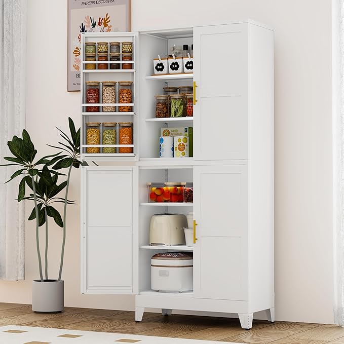 74.8" Tall Metal Food Cabinet, White Kitchen Pantry Cabinet, Storage Cabinets with 4 Door and 4 Adjustable Shelves, Steel Freestanding Cupboard for Kitchen Dining Room Living Room Bathroom