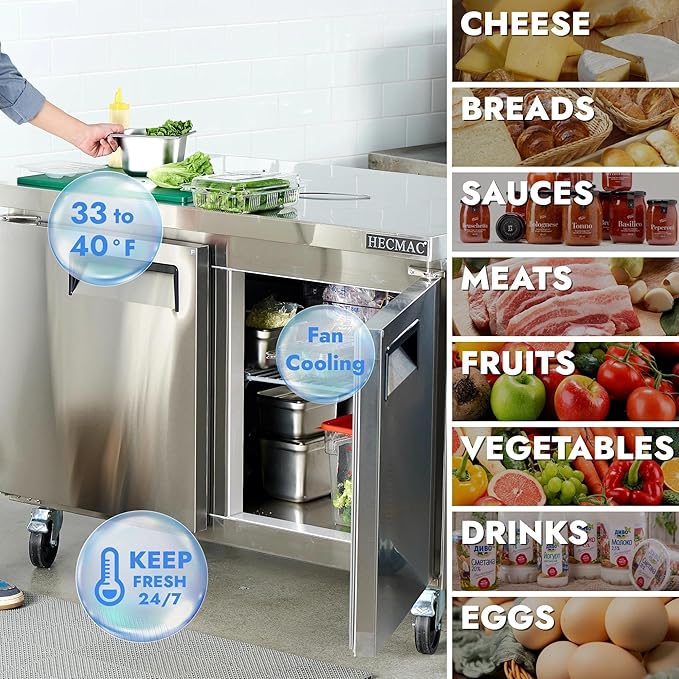 HECMAC 48" Commercial Refrigerator, 12.96 Cu.ft Worktop Undercounter Fridge with 2 Solid Door, 33~40℉, 18-8 Stainless Steel Interior, ETL&NSF/ANSI 7 for Restaurant, Bar, Shop, Kitchen Use