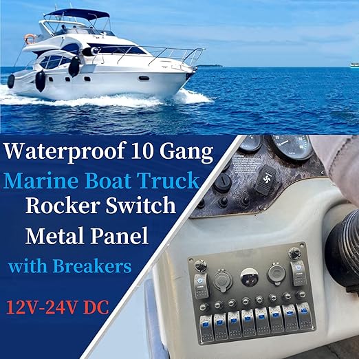 10 Gang Rocker Switch Panel with Breaker for Marine Boat RV Truck (Blue): Voltmeter, Reset Circuit Breaker, 4.2A Car Cigarette Lighter Socket, Dual 12V 24V USB Charger & Control Toggle Switch