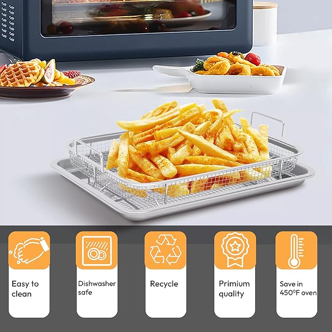 18.7" X 12.8" Extra Large Air Fryer Basket for Oven, OvenCrisp Oven Air Fryer Basket and Tray Set With 30PCS Parchment Papers, Stainless Steel Air Fryer Pan and Crisper Tray for Frying Baking