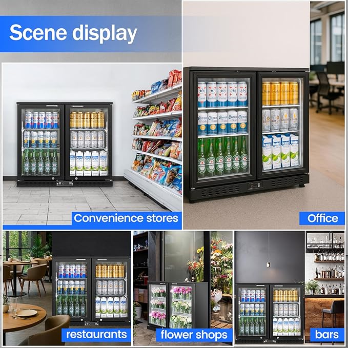Back Bar Cooler with 2 Glass Doors Commercial Under Counter Beverage Refrigerator 7.4 Cu.ft. ETL Black Drink Fridges for Bar,Office,Convenience Stores