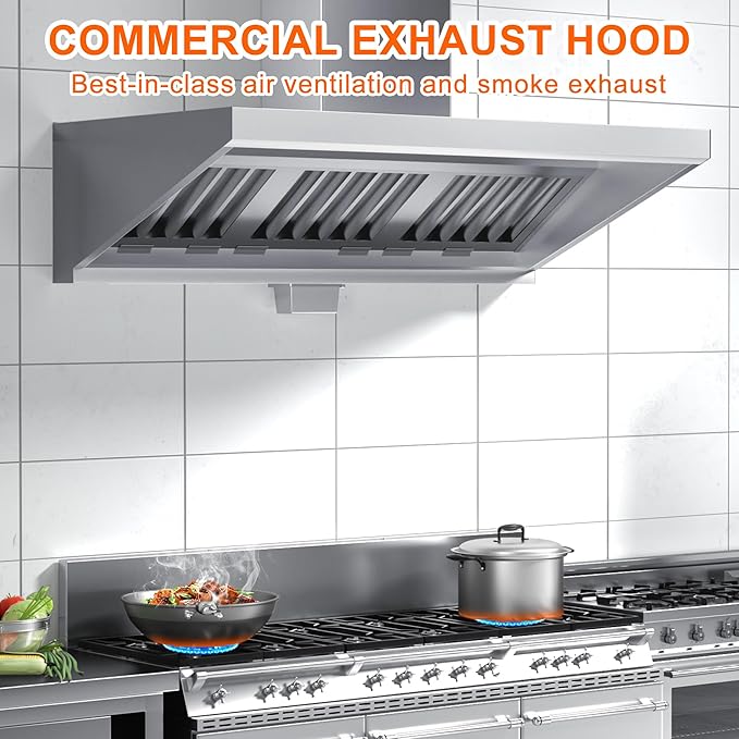 6FT Commercial Kitchen Exhaust Hood Food Truck Vent Hood Durable Stainless Steel Concession Trailer Hood with 3 Removable Hood Filters (No Motor), NSF Listed