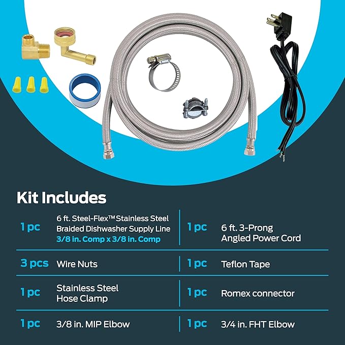 Eastman 6 Ft. Dishwasher Installation Kit, Braided Stainless Steel Supply Line with 3/8 Inch Compression Ends, 3-Prong Angled Power Cord, 48337N