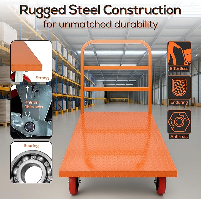 Platform Cart Industrial Dolly Cart 3300LB Heavy Duty 48” x 24” Platform Hand Truck Push Cart Super Heavy Duty Diamond Plate Commercial Flatbed Cart with 8'' Moving Swivel Wheels (Orange)