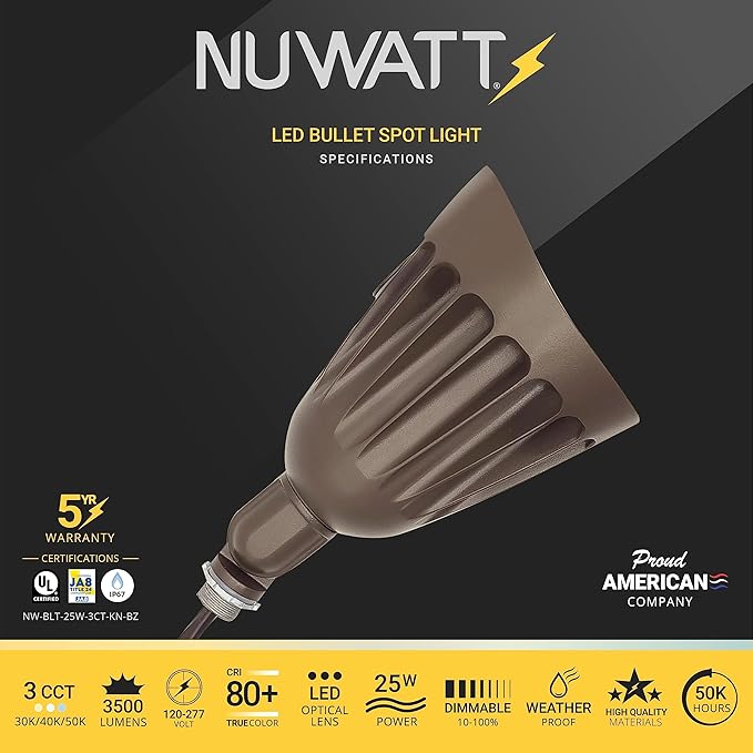 NUWATT 25W LED Bullet Spot Light for Outdoor Landscapes, 3500 LM Bright Illumination for Yard, 3000K/4000K/5000K Selectable, 1/2" Knuckle Mount, 120-277V Waterproof Flag Pole Light (12-Pack)