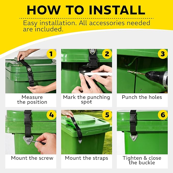 PROWL GUARD Trash Can Lid Lock – 2 Pack Animal & Raccoon Proof Trash Can Lid Straps for Outdoor Garbage Bins, Heavy Duty Adjustable Garbage Lock Clamps, Weather Resistant, Easy Install, 2 Pieces