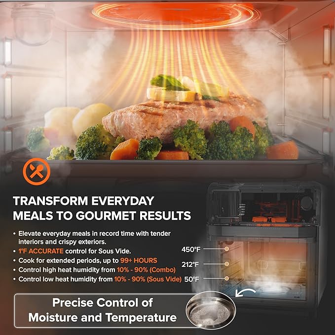 Nuwave Combi Steam Oven, Non-Toxic Stainless Steel Multi-Cooker with Air Fry, Steam, Sous Vide, Toast & More, 50-450°F Precision, 120 Presets, Moisture Control, Programmable, Easy to Clean