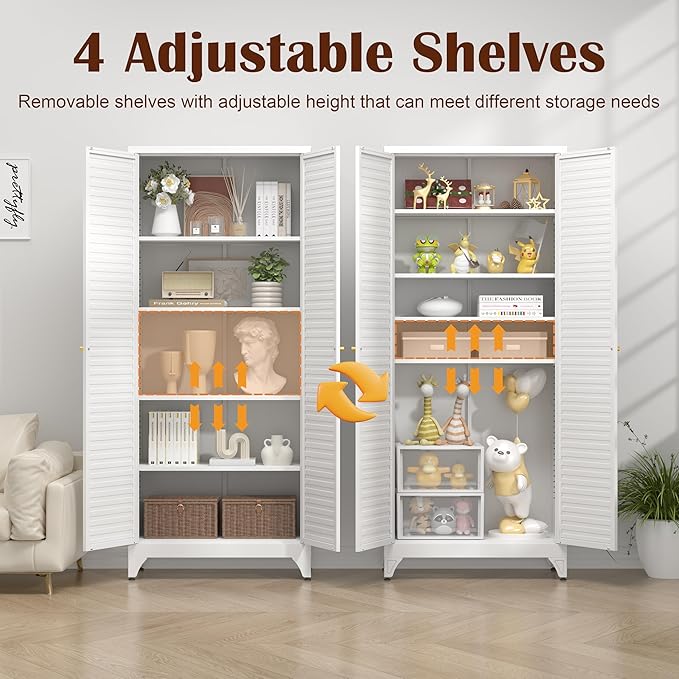 Kitchen Pantry Cabinet,75" Metal Storage Cabinet with Doors and 4 Adjustable Shelves,White Tall Locker Organizer Steel Garage Cabinets for Tool,File Cabinet for Office,Kitchen,Garage,School
