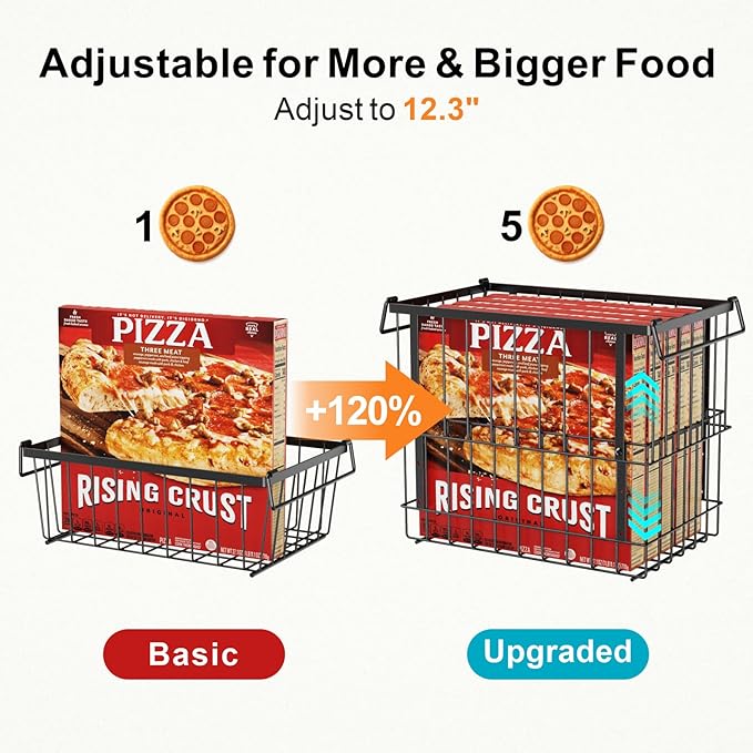 iSPECLE Deep Freezer Organizer Bins - 4 Pack Large Adjustable Freezer Organizer Bins for 5 to 7 Cu.Ft Chest Freezer, Stackable No Wasted Space, Easily Access Pizza (≤12") without Digging, Black