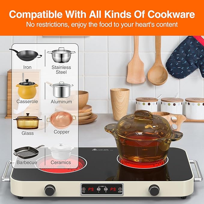 Electric Cooktop, 2200W 110V Electric burner, Electric Stove Top with 2 Handle, 2 Burner Electric Cooktop with 9 Power Settings,Knob Control Child Safety Lock & Timer.