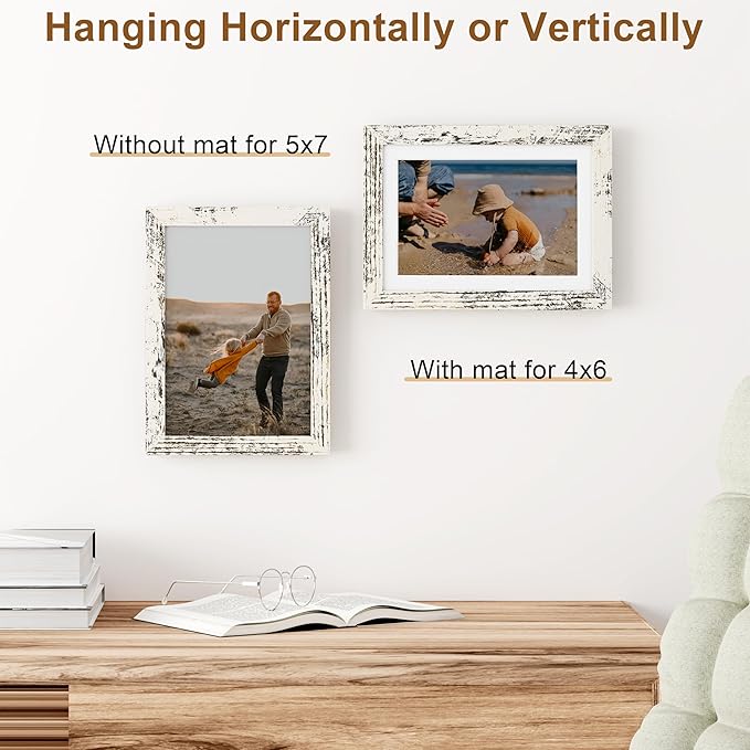 Vittanly 5x7 Picture Frame, Solid Wood Frame with Plexiglass, Includes 4x6 Mat, Wall Hanging or Tabletop for Home Decor, Distressed White, 1 Pack