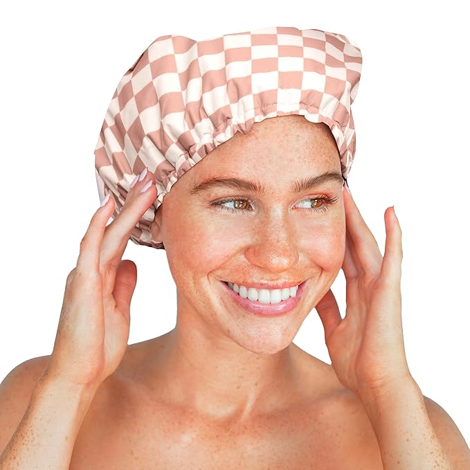 Kitsch Luxury Shower Caps for Women Reusable Waterproof - Flexi Satin Lined, Large Wide Shower Cap for Women & Men, Adjustable, Stylish Hair Cap for Shower, For Long & Short Hair - Terracotta Checker