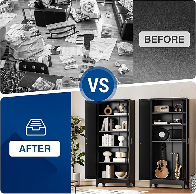 Black Tall Farmhouse Metal Pantry Linen Storage Cabinet and Organizers - Cupboard 75" H x31.5 W x15.7 D Rustic Hutch Cabinet Bookcase with Doors and Adjustable Shelves for Home Office