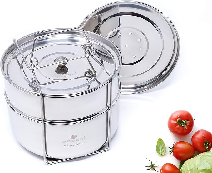 ecozoi Premium Extra Deep Stackable Steamer Insert Pans Pot in Pot for Instant Pot 6, 8 Quart Instant Pot Accessories - 2 Tier | Interchangeable Lids | Comes with 5 Additional Mini Cups for Baking