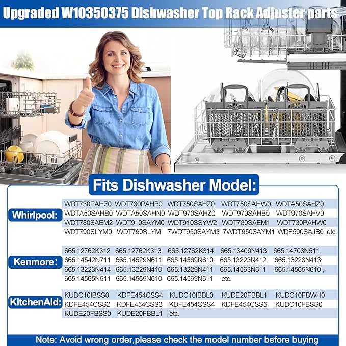 Upgraded W10350375 Dishwasher Top Rack Adjuster parts For Whirlpool WDT730PAHZ0 WDT750SAHZ0 Upper Rack Parts,WDTA50SAHZ0 WDT970SAHZ0 Dishwasher Top Rack Parts W10712395,For Kenmore Dishwasher Parts