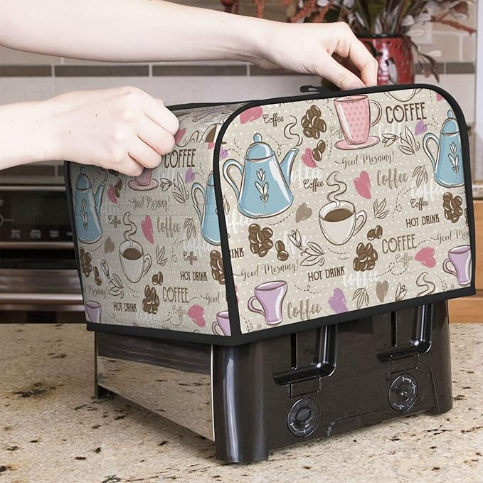 Beige Coffee Love Heart 4 Slice Toaster Cover, Waterproof Toaster Dust Cover Bread Maker Protective For Small Kitchen Appliance Dining Room Table Home Decor Gifts