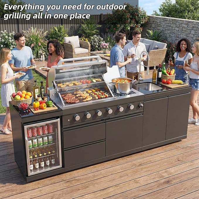 104 Inch Outdoor Kitchen Island, 7200 BTU Gas Grill Combination With Refrigerator and Sink, Outdoor Stainless Steel Barbecue Bar, Propane Grill for Patios, Gardens, Parties