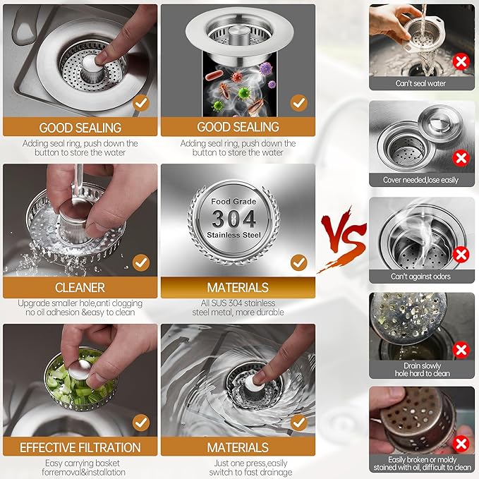 YYKBZ 3 in 1 Kitchen Sink Drain Strainer,Stainless Steel Sink Stopper,Pop Up Sink Plug Fast Drain Deodorizer Anti-Clog, Strainer for Kitchen Standard 3-1/2" Easy to Install（2pcs）