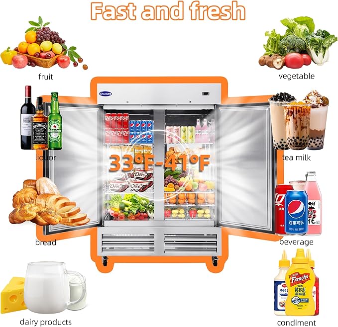54" W Commercial Refrigerator with 2 door Stainless Steel 49 Cu. Ft Reach-in Refrigerator 6 Adjustable shelves Fan Cooling Fridge for Restaurant, Commercial Kitchen, Shop, ETL Certification