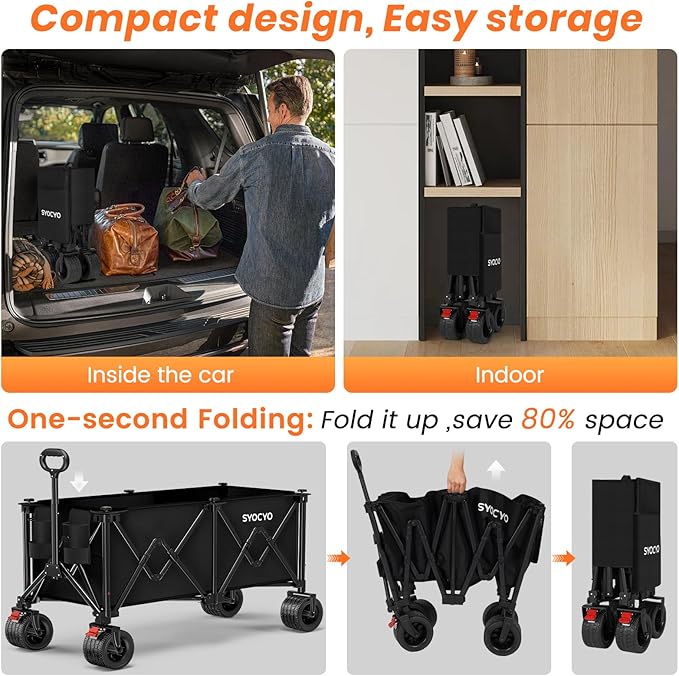 Collapsible Wagon Carts Foldable 570LBS Beach Wagon with Big All-Terrain Wheels Weight Capacity Heavy Duty Utility Carts with Cup Holders for Garden, Camping, Grocery, Sports Black