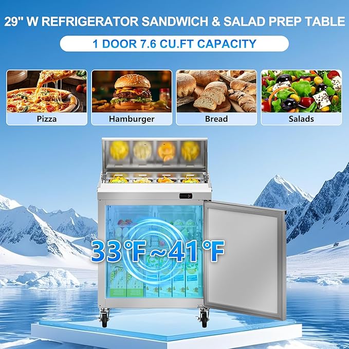 29" W Commercial Sandwich Salad Prep Table Refrigerator, 7.6 Cu.ft Single Door Stainless Steel Commercial Kitchen Refrigerated Equipment with 8 Pans for Restaurant, Bar, Shop, etc.