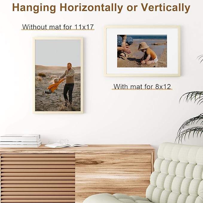 Vittanly 11x17 Picture Frame, Solid Wood Frame with Plexiglass, Includes 8x12 Mat, Wall Hanging for Photos, Home Decor, White, 1 Pack