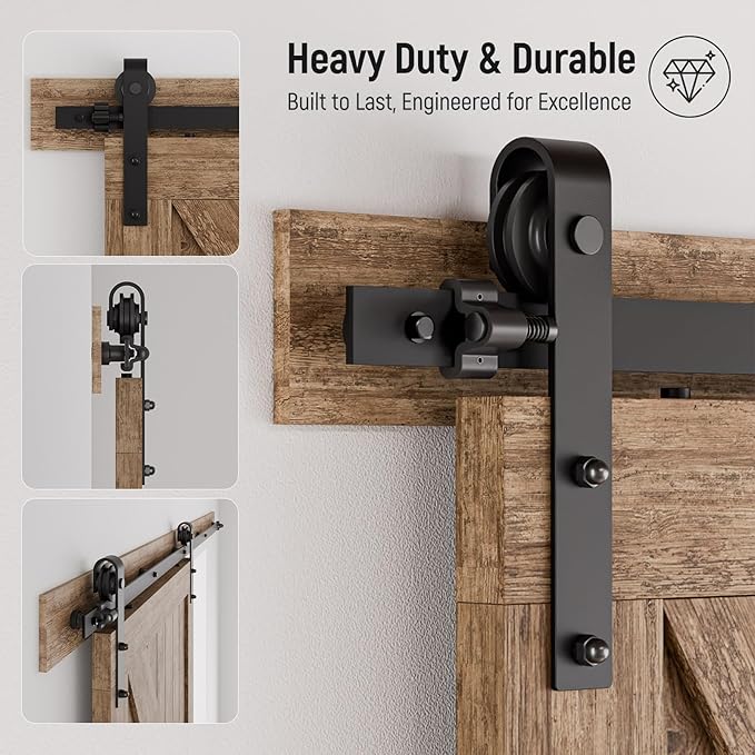 CCJH 15FT Single Sliding Barn Door Hardware Kit Black Basic Roller Carbon Steel Hanger Flat Track System for Closet Kitchen 1 Door 90 inch Wide