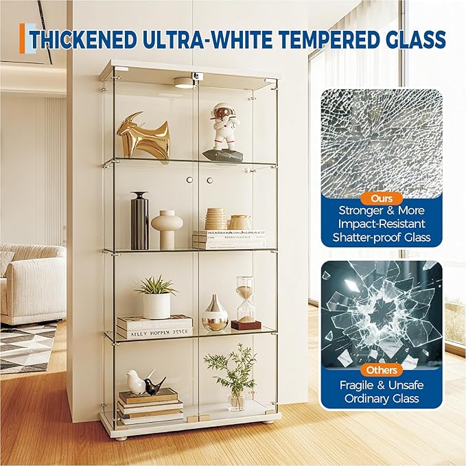 GarveeHome 4 Shelves Display Cabinet, Tempered Glass Curio Showcase with LED Light & Lock, Double Doors Storage Cabinet for Living Room Bedroom Office, White, 64x31.7x14.3 Inch
