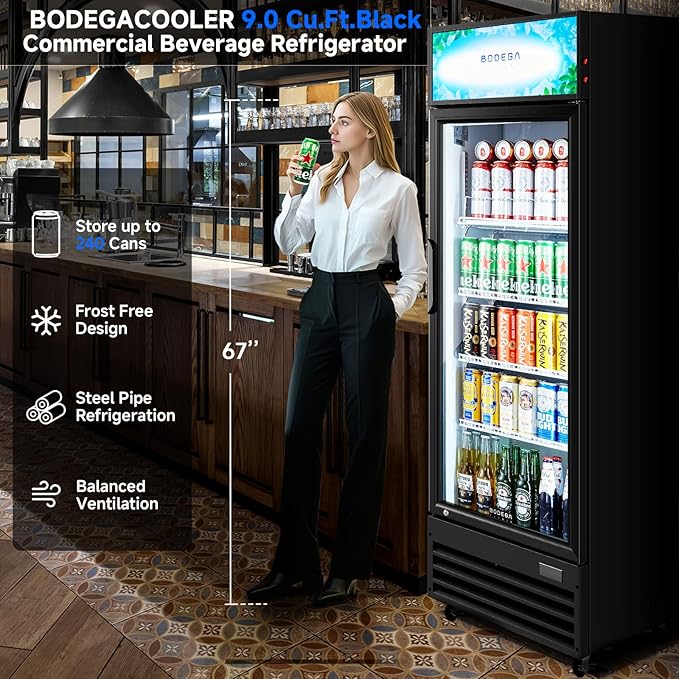 BODEGACOOLER Beverage Refrigerator and Cooler, Commercial Refrigerators with 4 shelves, Commercial Fridge with Soft LED Light. Merchandiser Refrigerators as Black Bar Cooler For Party, 9.0 Cu. Ft
