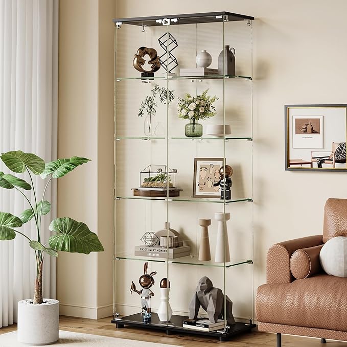 ROOMTEC Glass Display Cabinet with 5 Shelves, Double Doors, Floor Standing Display Cage, for Living Room Bedroom Office, 74.5 x 31.7 x 14.3 in, Black