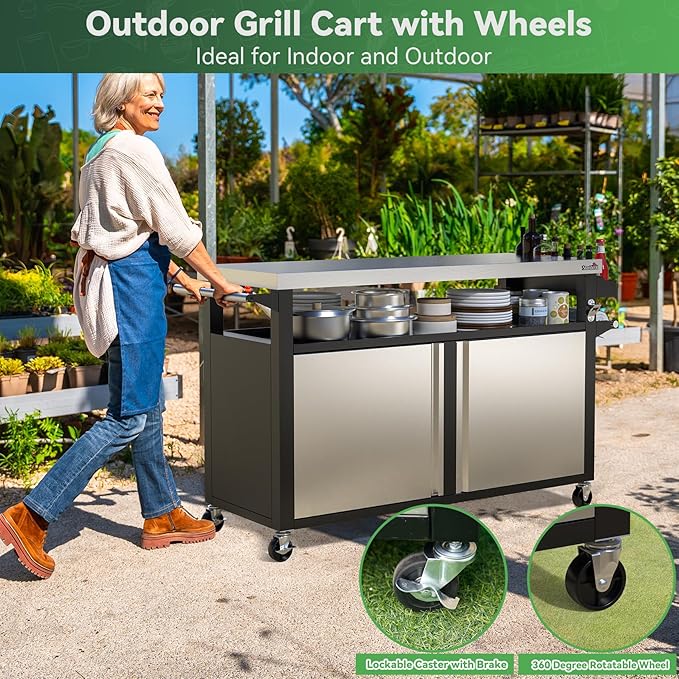 Stanbroil Rolling Outdoor Kitchen Island, BBQ Grill Cart with Stainless Steel Table Top, Double-Door Storage Cabinet & Pull-Out Shelf, Grill Table Cart for Outdoor Indoor, Large