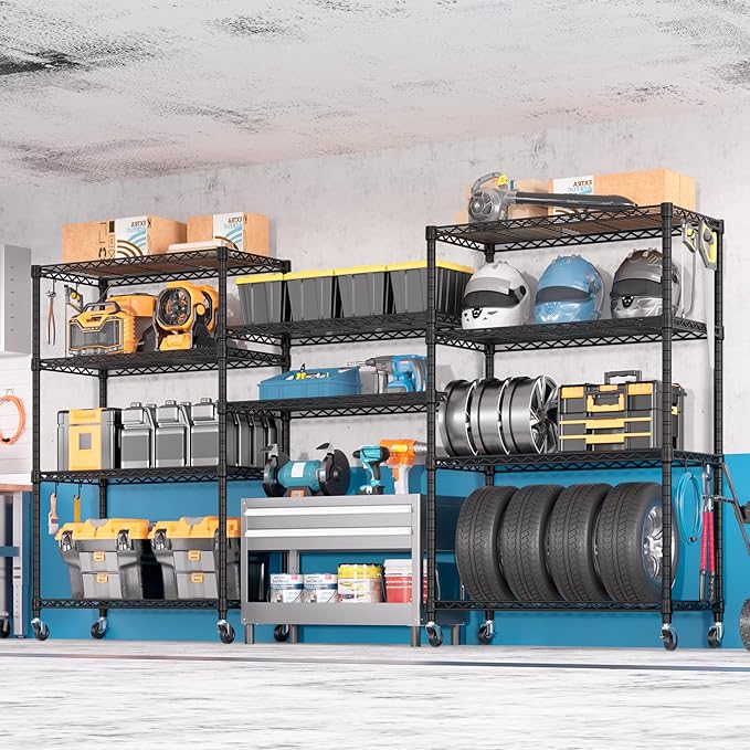 PrimeZone 74''H Wire Shelving 1250lbs 5 Tier Storage Shelves with Wheels NSF Certified Heavy Duty Steel Metal Shelf Adjustable Rolling Rack Kitchen Garage Closet Pantry Laundry 74''HX36''WX14''D 3PCS
