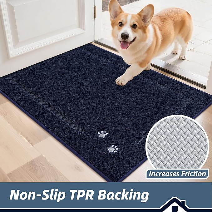 BEQHAUSE Dog Door Mat for Muddy Paws 24"x36" Dirt Trapper Absorbent Doormat Non Slip Entryway Rugs Washable Stain Resistant Welcome Floor Mat Soft Low-Profile for Front Back Door, Navy Blue