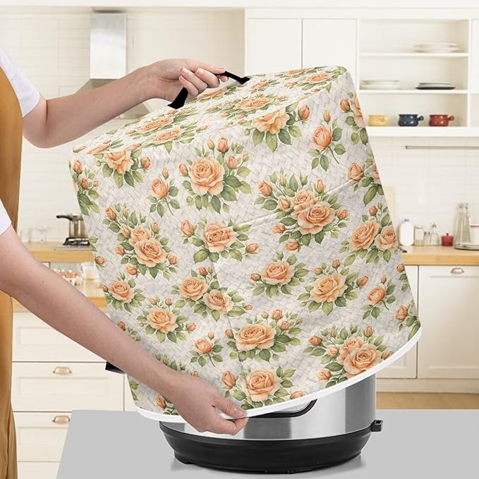 Xoenoiee Peach-colored Roses Print Kitchen Appliance Dust Cover with Pockets, Electric Pressure Cooker Cover Compatible with Crock Pot, Rice Cooker Covers, for 6 Qt
