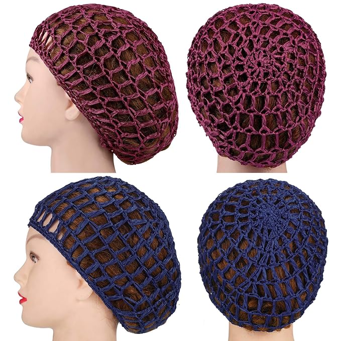 Geyoga 4 Pieces Mesh Crochet Hair Net Rayon Knit Snood Hat Thick Short Women Hairnet Snoods Cover Ornament for Sleeping (Purple, Navy Blue, Wine Red, Brown)