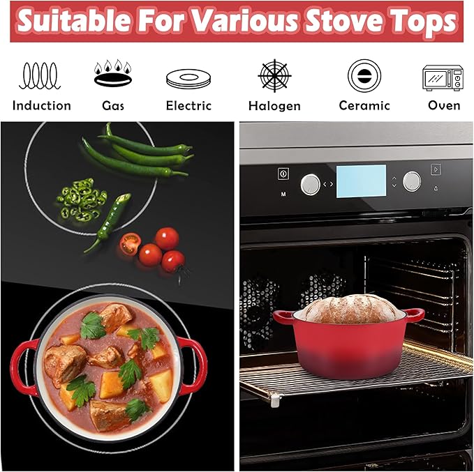 TeamFar 3qt Dutch Oven, Small Enameled Cast Iron Dutch Oven Pot with Lid, For Bread Baking/Stewing/Braising/Frying, Various Stoves & Oven Safe, Non-stick & Easy Clean, Red