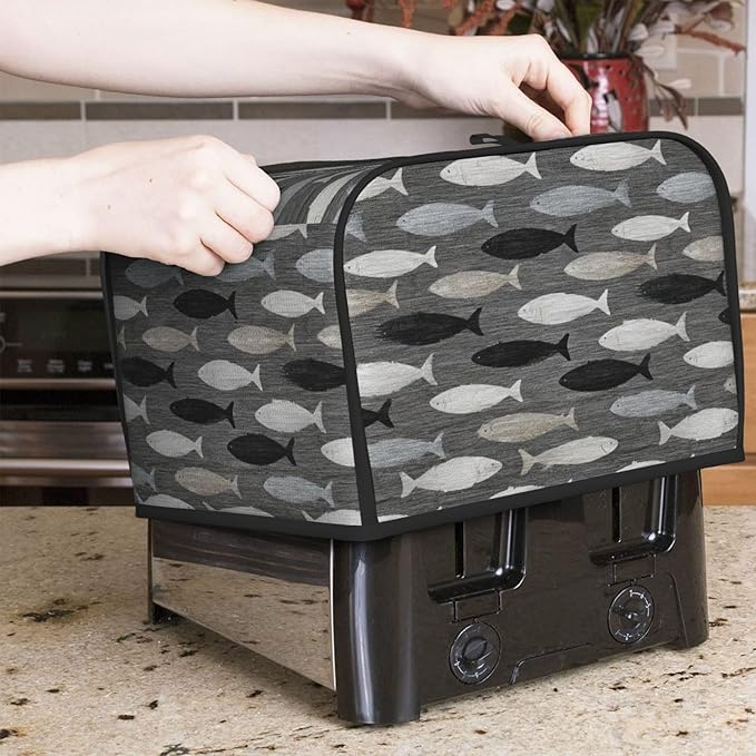 4 Slice Toaster Cover for Kitchen Gray Fish Pattern Waterproof and Dustproof Oxford Fabric Toaster Dust Cover with Side Pockets Decorative Universal Cover for Wide Slot Toasters and Small Appliances