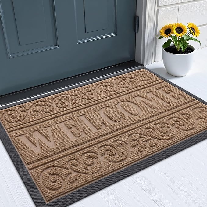 OLANLY Welcome Door Mat Indoor Outdoor Entrance, Heavy Duty Sturdy Front Door Mat, Waterproof All-Weather Doormat, Stain Resistant, Low Profile, Easy Clean Patio Entryway Mat, 47 x 32, Light Brown
